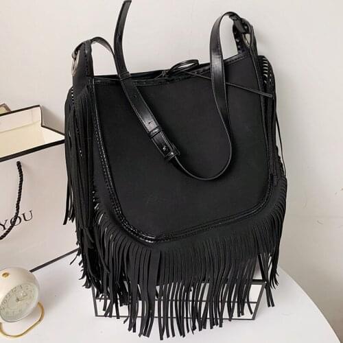 Large Leather Crossbody Bags Vintage Tassel Womens Bag 2021 New Female Big Bucket Designer Handbags Casual Black Shoulder Bags