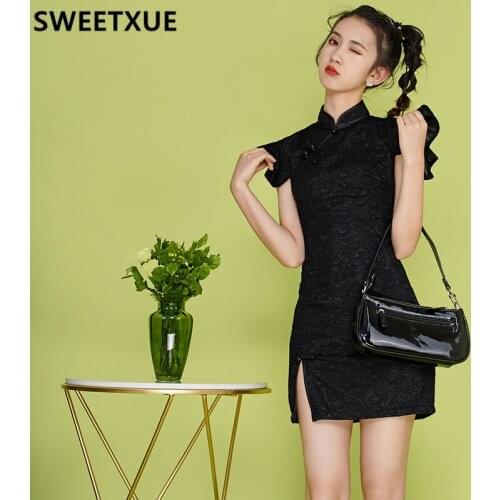 SWEETXUE Female Cheongsam Slim Girl Young Sexy Lace Dress Black Summer Ladies Split Qipao Women