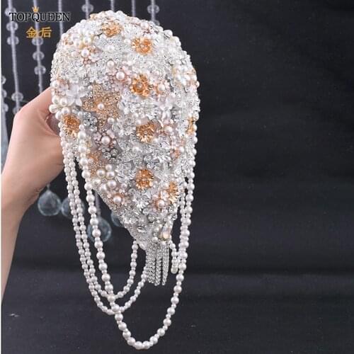 TOPQUEEN SF9 Wedding Bouquet Bridal Bouquet Rhinestones Holding Flowers Wedding Flowers Bridal Bouquets Pearls Beaded Brooch