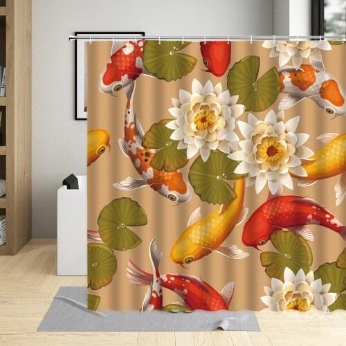 Shower Curtain Japanese Colorful Koi Carp Fish Pattern Flower Bathroom Curtains Waterproof Fabric Bath Screens With Hooks Set