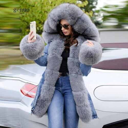 Woman Oversize Hoodie Fleece Winter Denim Jackets Coat Fishtail Long Sleeves Overcoat Winter Denim Jacket Women Plus Size