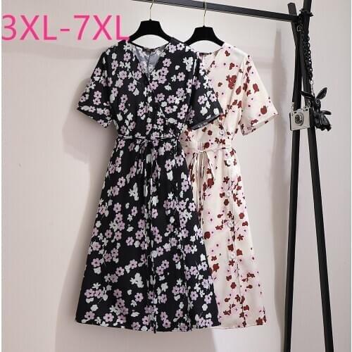 New summer plus size midi dress for women large loose short sleeve floral print button V neck dress belt black 4XL 5XL 6XL 7XL