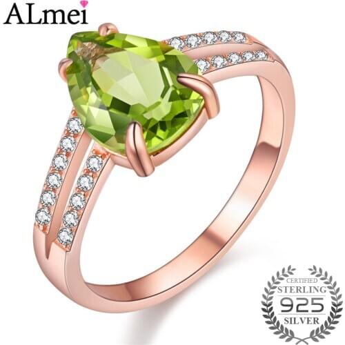 Almei 2 Rows 1.5ct Green Peridot Love Heart Shine Teardrop Women Ring Rose Gold Color Silver 925 Engagement with Box 40% FJ109