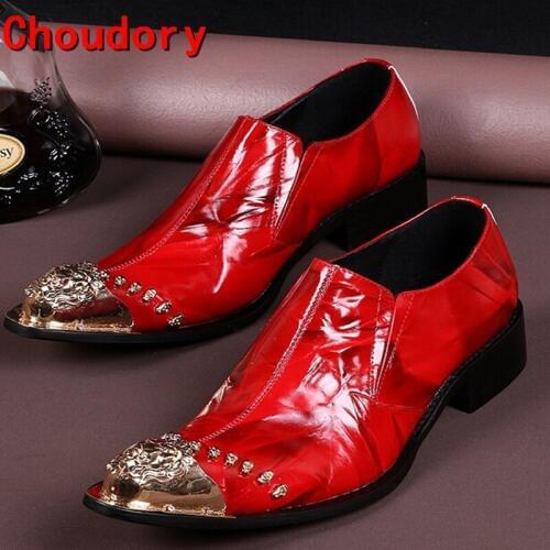 Choudory Men Shoes Luxury Brand Red Loafers Sequined Gold Metal Dress Shoes Men Leather Luxury Party Pointed Toe Size12