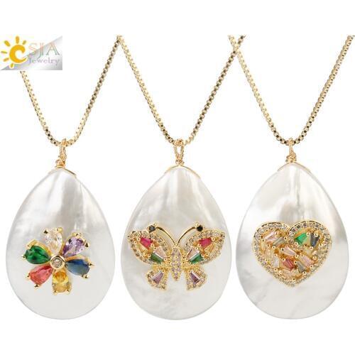 CSJA Water Drop White Abalone Shell Pendant Necklace Pearl Shells Gold Color Wing Heart Charms Zircon Elegant Women Jewelry G239
