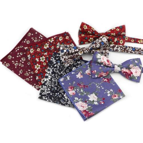 Rose Narrow Bow Tie Hankerchief Set Cotton Textile Flower Paisley Butterfly Pocket Square Printing Floral Classic Skinny Ties