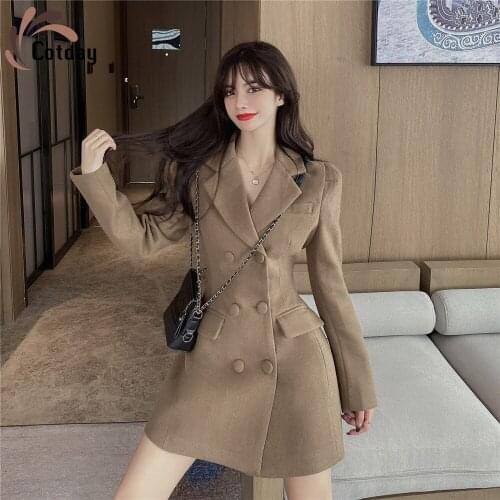 Cotday Spring New Slim Thin Womwn Woolen Suit A-line Khaki Double Breasted With Button Elegant Knee-Length Dress