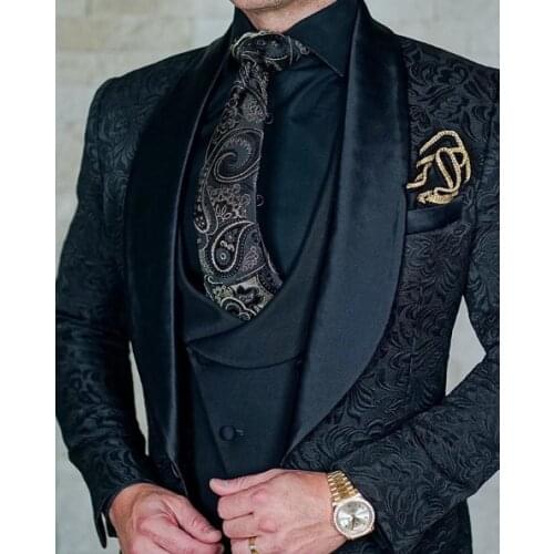 JELTONEWIN Black Jacquard Mens Tuxedo Blazer Suits Terno Masculino Slim Fit Men Wedding Suits Costume Homme (Jacket+Vest+Pants)