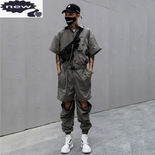 Hip Hop Japanese Cargo Overalls Casual Loose Fit Short Sleeve Design Patchwork Vintage Rompers Summer Street Mens Jumpsuits