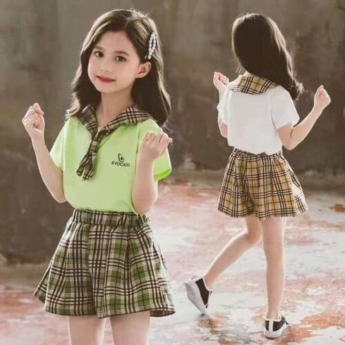 Summer Kids Clothing for Girls Short Sleeve Top Plaid Shorts Set 2pc Girls Outfits Cotton Children Clothes5 6 7 8 9 10 12 13 14