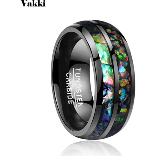 VAKKI Men Rings Electroplated Black Inlaid Shells Opal Dome Tungsten Steel Ring Size 7/8/9/10/11/12