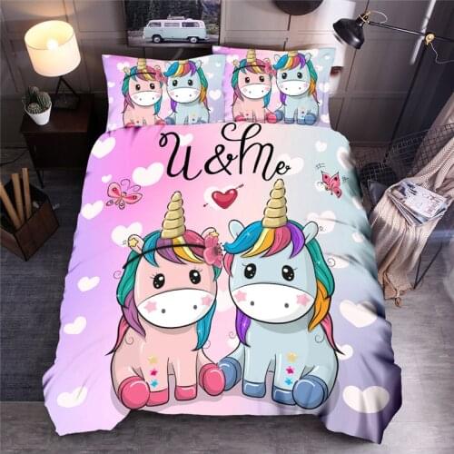 Kawaii Unicorn Bedding Set Single Bed Sheet Set Bed Linen Dovet Cover Set Cartoon Kids Luxury Bedding Home Textile