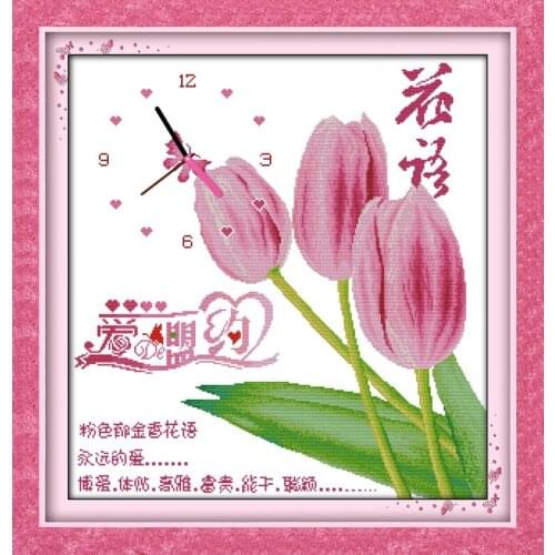 Tulips words cross stitch kit 14ct 11ct count print canvas wall clock stitching embroidery DIY handmade needlework