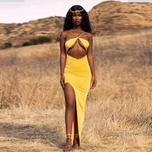 2021 New Fashion Womens Hollow Sexy Solid Color Yellow Dress with Backpack Hip Tight-fitting Solid Color Split Sling Dress