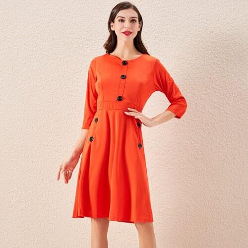 Casual Knee-Length Party Dress Women Three Quarter Sleeve Pleated Dress Fashion Button Lady Office Dresses Robe Femme