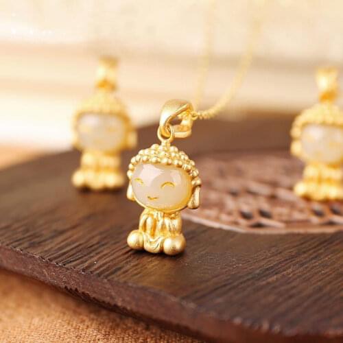 Natural White Jade Ancient Gold Inlaid Hetian Jade White Jade Female Mini Little Buddha Baby Buddha Pendant Pendant Clavicle Cha