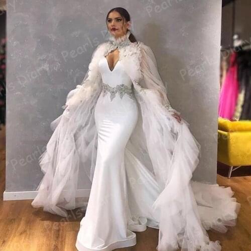 Mermaid Evening Dresses 2021 Newest Turkish Lace Appliques Beaded Formal Party Gown Robe De Soiree White Tulle Women Prom Dress