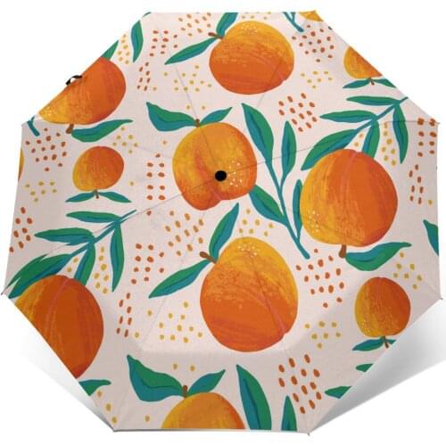 Wind Resistant Fully-Automatic Umbrella Hand Drawn Peach Rain 3 Folding Parasol Travel Car Umbrella