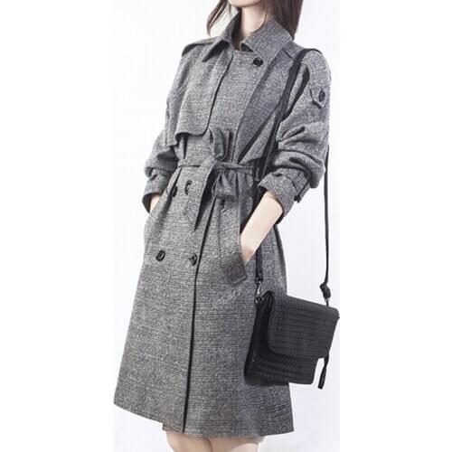 Plaid Windbreaker Womens Mid-Length Spring Autumn New Korean Version Of The Large Size Classic Double-Breasted Jacket Trend