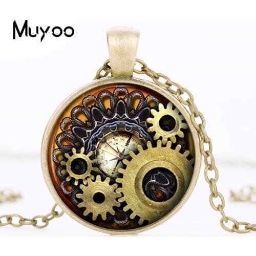 Steampunk Compass Necklace Pendant Vintage Bronze Chain Necklace Compass Style Design Gears Cog Jewelry Unisex Gift HZ1