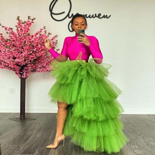 Green Hi Low Tulle Skirts Ruffles Tiered Custom Made Women Plus Size Summer Photo Shoot Skirt With Elastic Band Stretchy 2021