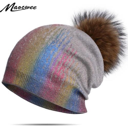 Women Beanies Real Raccoon Fur Pom Poms Wool Hat Beanie Knitted Skullies Fashion Caps Ladies Knit Cap Winter Hats For Women 2019