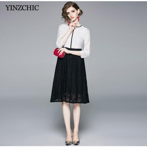 Euro Style Woman Summer Lace Dress O-neck Ladies Elegant Party Dresses OL Knee-length Dress White Black Female Casual Dress