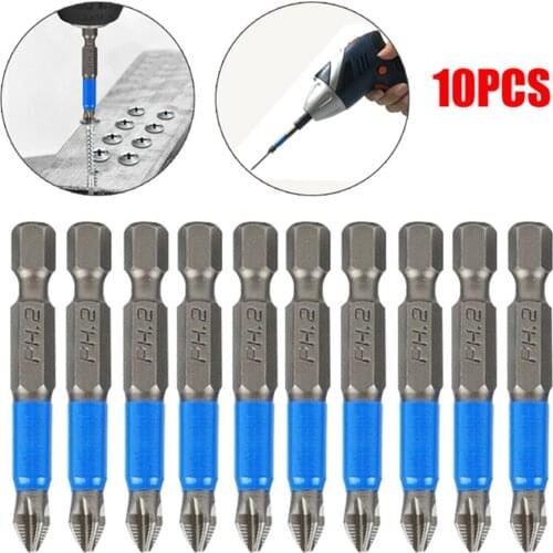 10Pcs Magnetic 50mm 1/4 Inch PH2 Cross Screwdriver Drill Bits Hexadecimal Shank Anti-slip for Electric Screwdriver