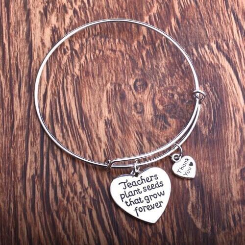 12PC Adjustable Bangles Teachers Plant Seeds That Grow Forever Bracelets Thank You Heart Charm Pendant Teachers Day Gifts Thanksgiving Gifts