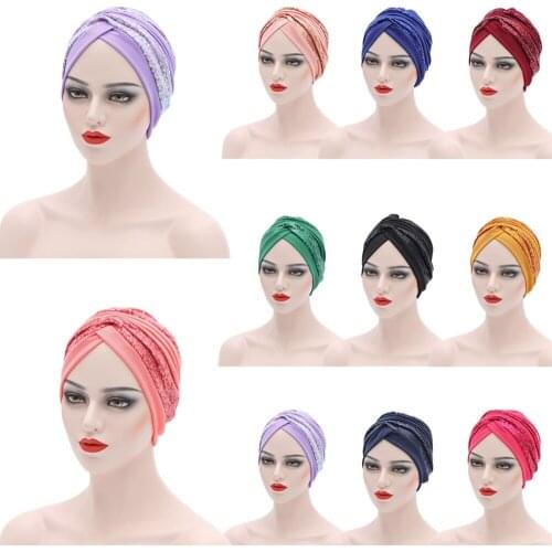 2021 Summer Breathable Sequins Turban Cap Womens Head Wraps Muslim Hijabs Headscarf Cap India Hat Ready Hijab Bonnet Turbante