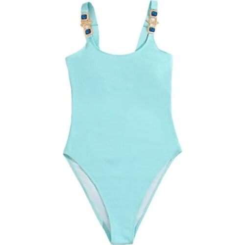 2021 Solid color Women Fashion Simple Sexy Rhinestone One-Piece Monokini Polyester Swimsuit Swimwear for Beach Swimming