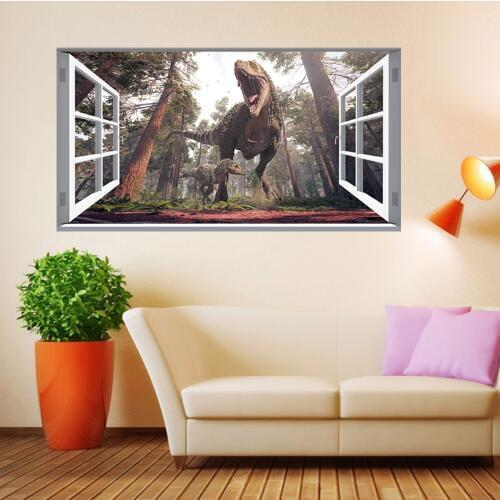 3D Simulation Window Dinosaur Wall Stickers For Kids Baby Rooms 40*75cm Home Decor Jurassic Park Tyrannosaurus Rex PVC Art Mural