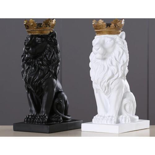 4 Color Creative Golden Crown Lion Statue Modern Resin Black/White Animal Figurine Home Decoration Desktop Crafts Sculpture