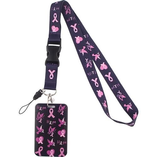 DZ1400 Dongmanli Pink Ribbon Breast Cancer Women Neck Strap lanyard card ID Holder Gym Key Chain Key Holder Hang Rope Key Rings