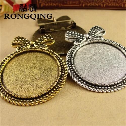 RONGQING 30mm Ladys Bowknot Cabochon Base 20pcs/lot Round Blank Brooches Base Jewelry Findings
