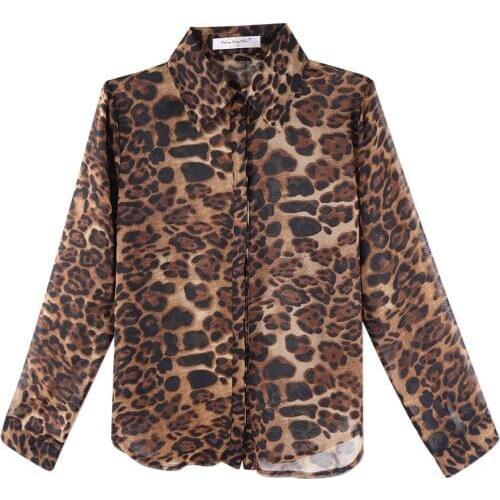 Neatie kiddie Sexy Leopard See-through Chiffon Shirt Office Lady Blouse LonG Sleeve Turn-down Collar Loose Blusas Female
