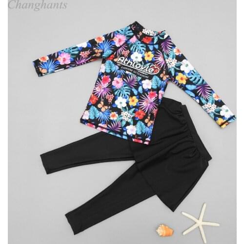 2-10 Y Kids Two Pieces Swimwear Black with Flowers Pattern Girls Long Sleeve Rash Guard Junior Swimsuit Children Surfing Wear