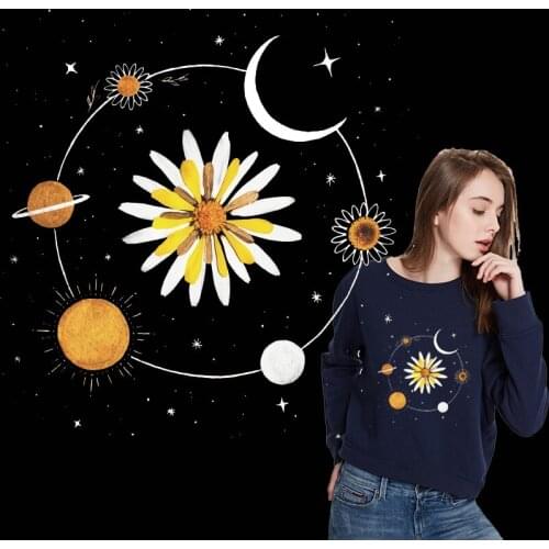 Iron on transfer space flower planet patches for clothing vinyl iron on heat transfer thermo Stickers on clothes stripes fabric