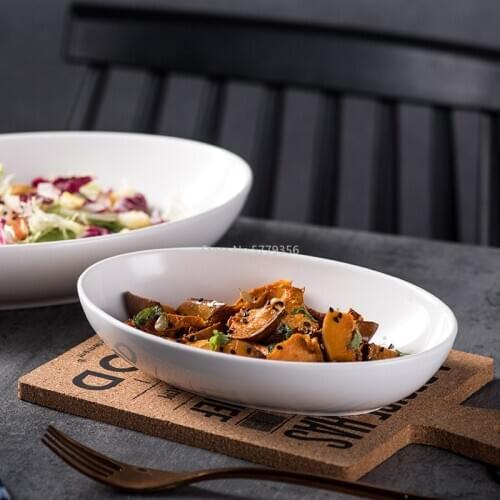 European Creative Oval Pure White Ceramic Tableware Home Hotel Deep Dish Cuisine Steamed Fish Plate Salad Dinner Plate