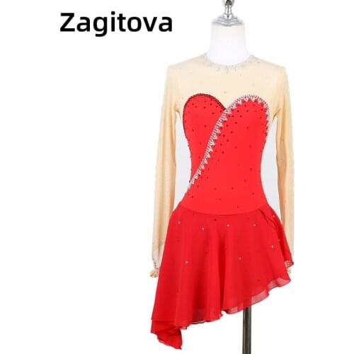 Red Figure Skating Dress For Women And Girls Long Sleeve Ice Figure Skating Clothes With Rhinestones Long Skirt