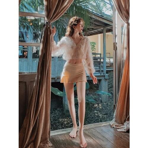 Swimwear Long Sleeve Split Type Hot Springs Bathing Suit Womens Fairy Style Bikini Three-piece Set South Korea Large Bust Tour