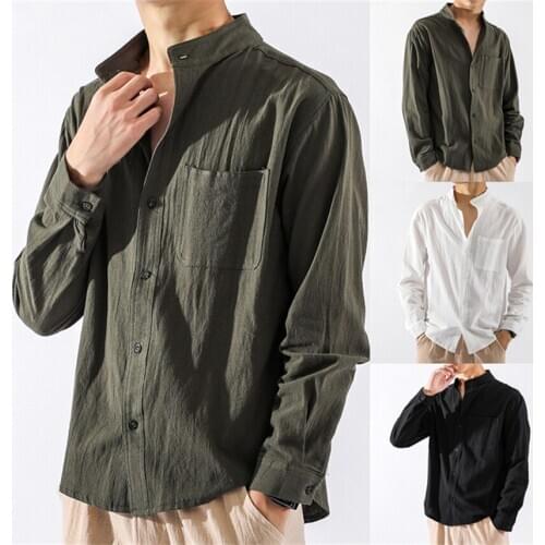 Retro Men Solid Color Pocket Stand Collar Buttons Hanfu Shirt Chinese Style Casual Jacket Male Plus Size Long Sleeve Loose Tops