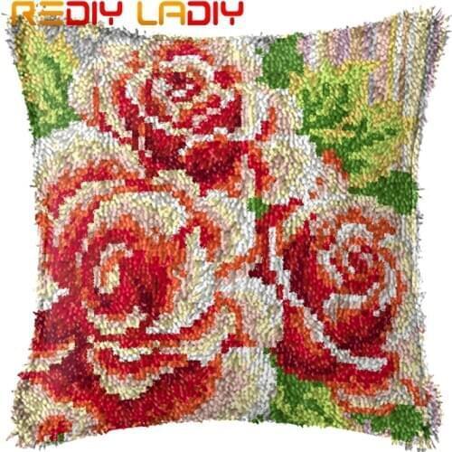 Latch Hook Kits Make Your Own Cushion Three Roses Pre-Printed Canvas Crochet Pillow Case Latch Hook Cushion Cover Arts & Crafts