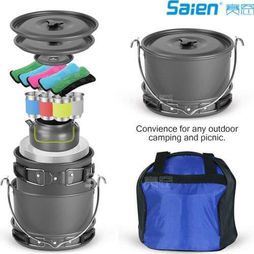 39pcs Camping Cookware Mess Kit for 6 and more, Large Size Hanging Pot Pan Kettle with Base Dinner Cutlery Sets, Cups Dishes For