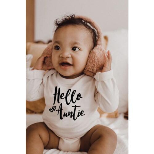 New Baby Boys Girls Long SleeveRompers Hello Auntie Print Infant Unisex Jumpsuit Toddler Funny Fashion Playsuit Clothes