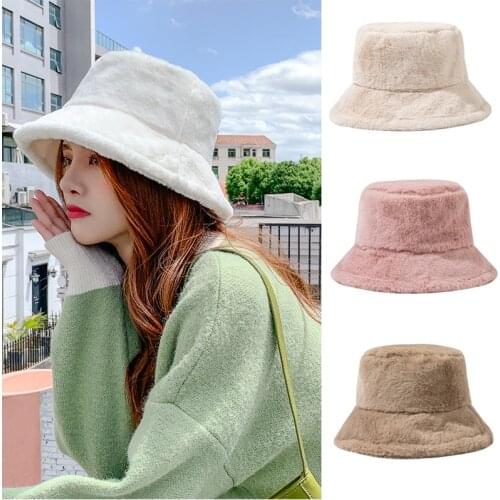 New Bucket Hat Fashion Solid Color Winter Thick Warm Faux Fur Plush Women Bucket Hats Wool Fleece Ladies Panama Cap Sun Caps