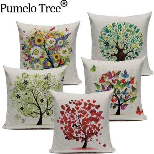 Custom Cushion Elegant Printed Cushions Cover Flower Tree High Quality Decorative Pillows For Bed Home Woven Linen Sofa Cushion