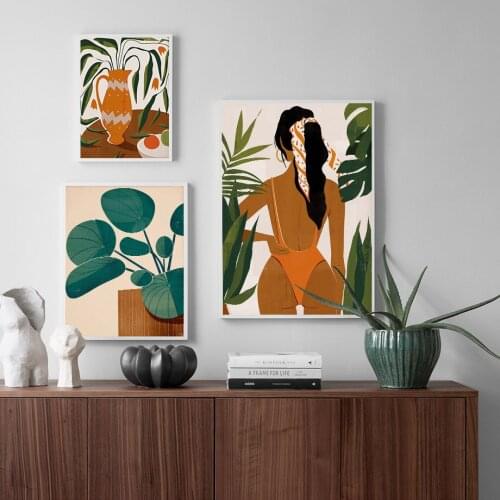 Nordic Vintage Woman Poster Boho Wall Art Flower Green Plants Leaves Canvas Painting Pictures for Living Room Home Decor Mural