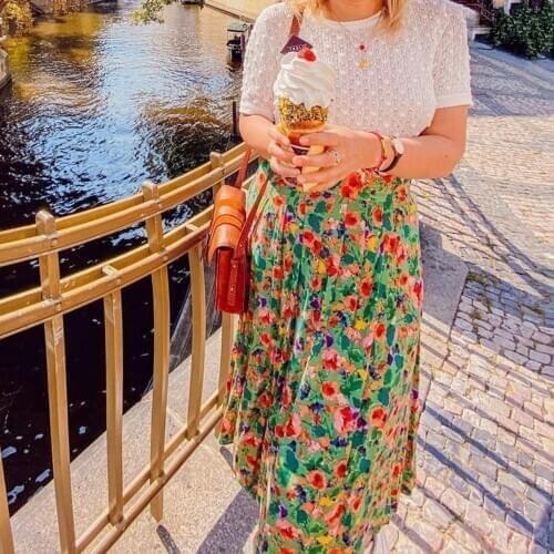 Silk Floral Long Skirt Women Summer Autumn High Waist Chic Elegant Skirts 2021 Vintage Loose Skirt