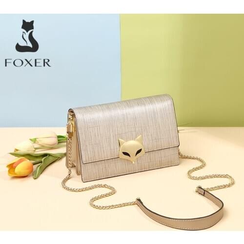 FOXER Brand Logo Women Crossbody Bag Split Leather Shoulder bag Ladies Fashion Chain Strap Bag Female Messenger Bag